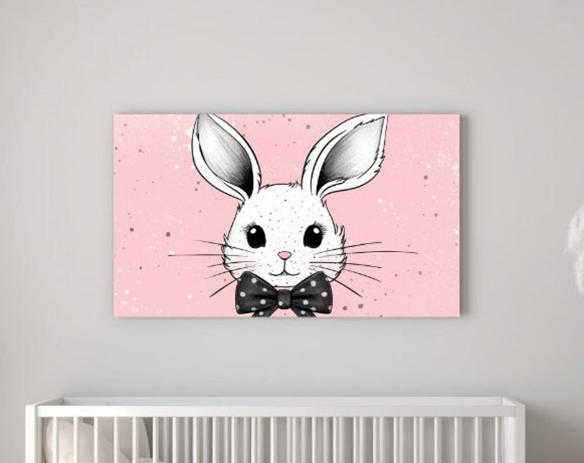 Cute Bunny Face with Polka Dot Bow Tie on Pink Nursery Wall Art
