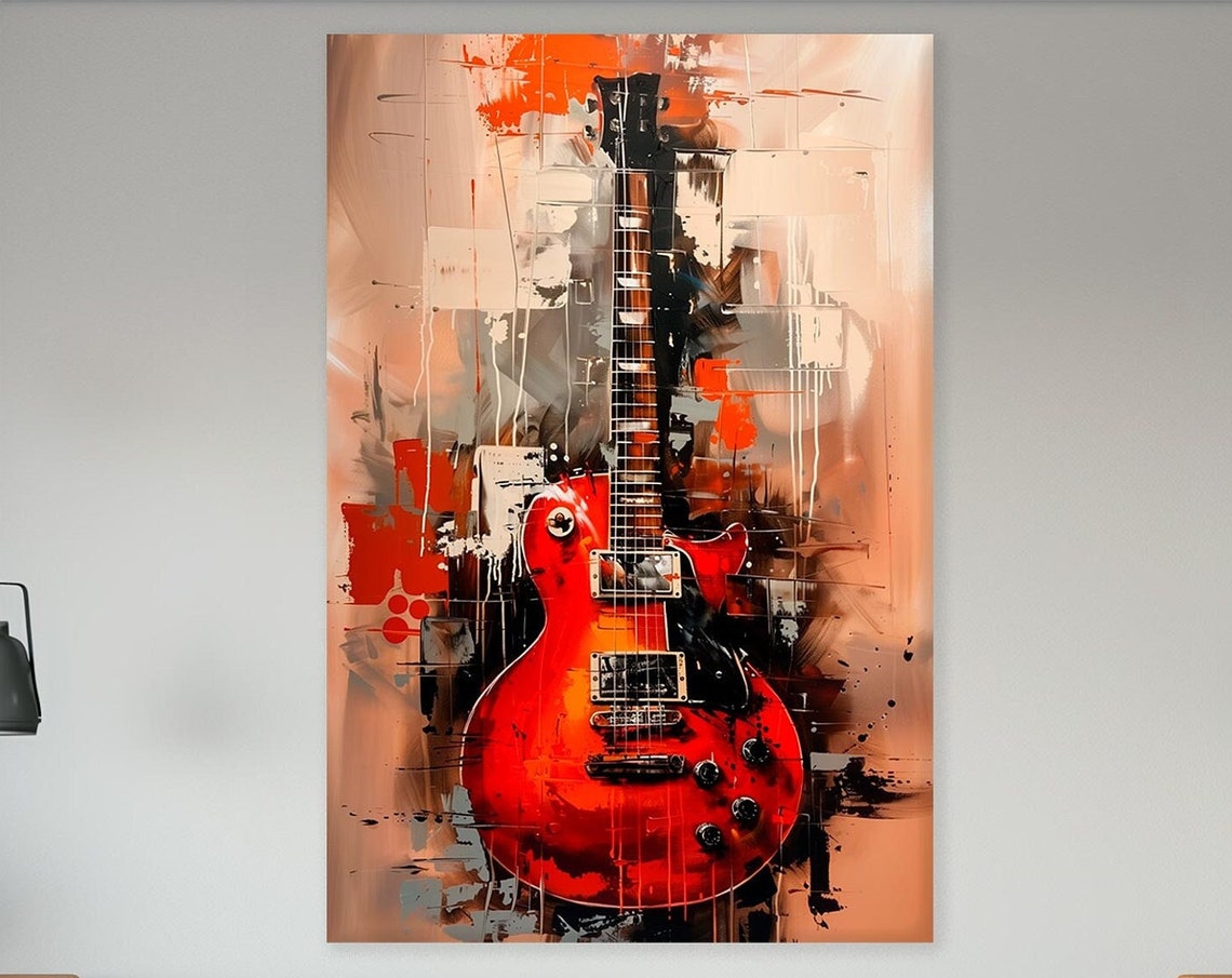 Red Electric Guitar Abstract Orange Modern Music Room Wall Art Poster