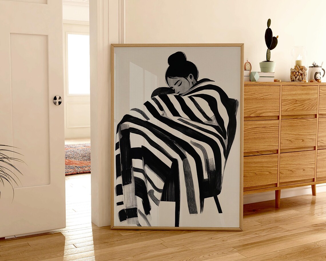 Abstract Ink Portrait Of Sleeping Woman Wrapped In Black And White Print - Image 2