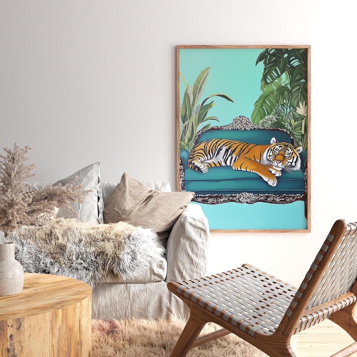 Majestic Tiger Lounging On A Teal Settee With Tropical Leaves Poster - Image 4
