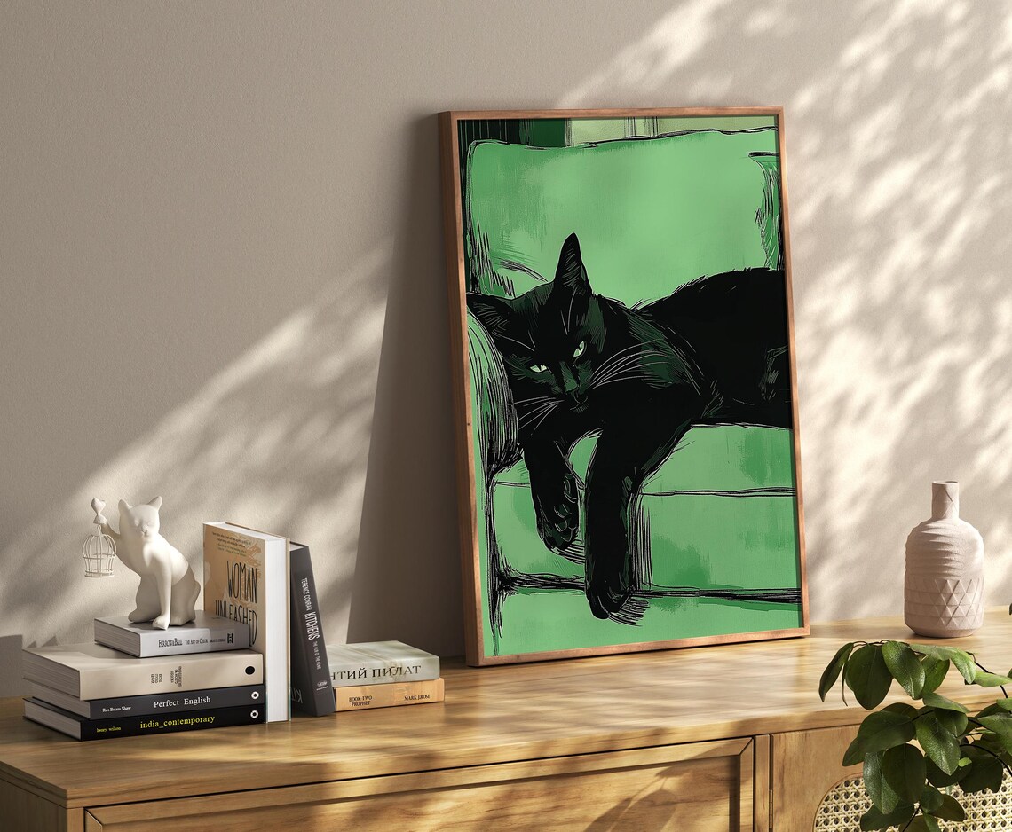 Emerald Green Sleeping Black Cat Contemporary Art Print - Image 4