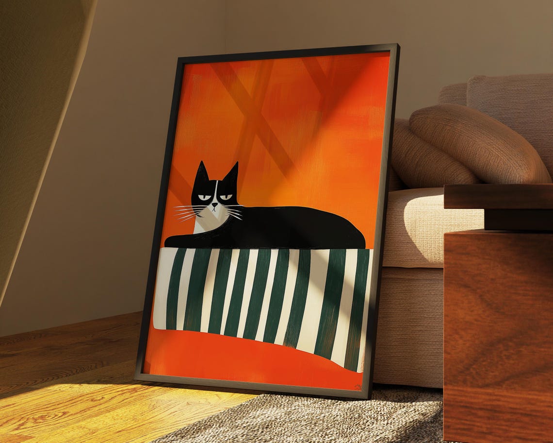 Black Cat In Striped Blanket, Contemporary Art Print - Image 4