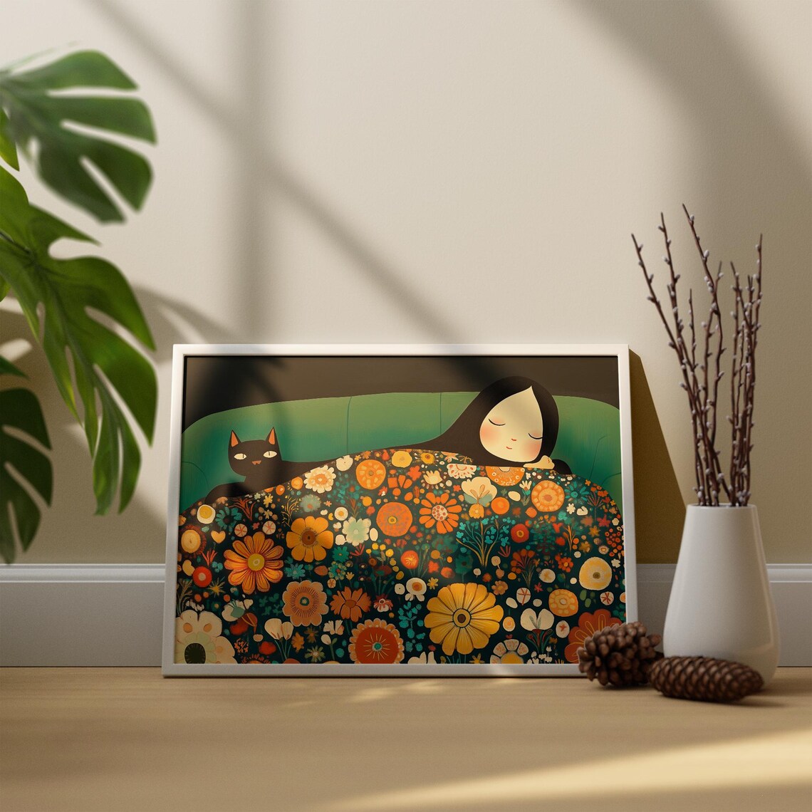 Sleeping Woman With A Black Cat Under A Floral Blanket Poster - Image 3