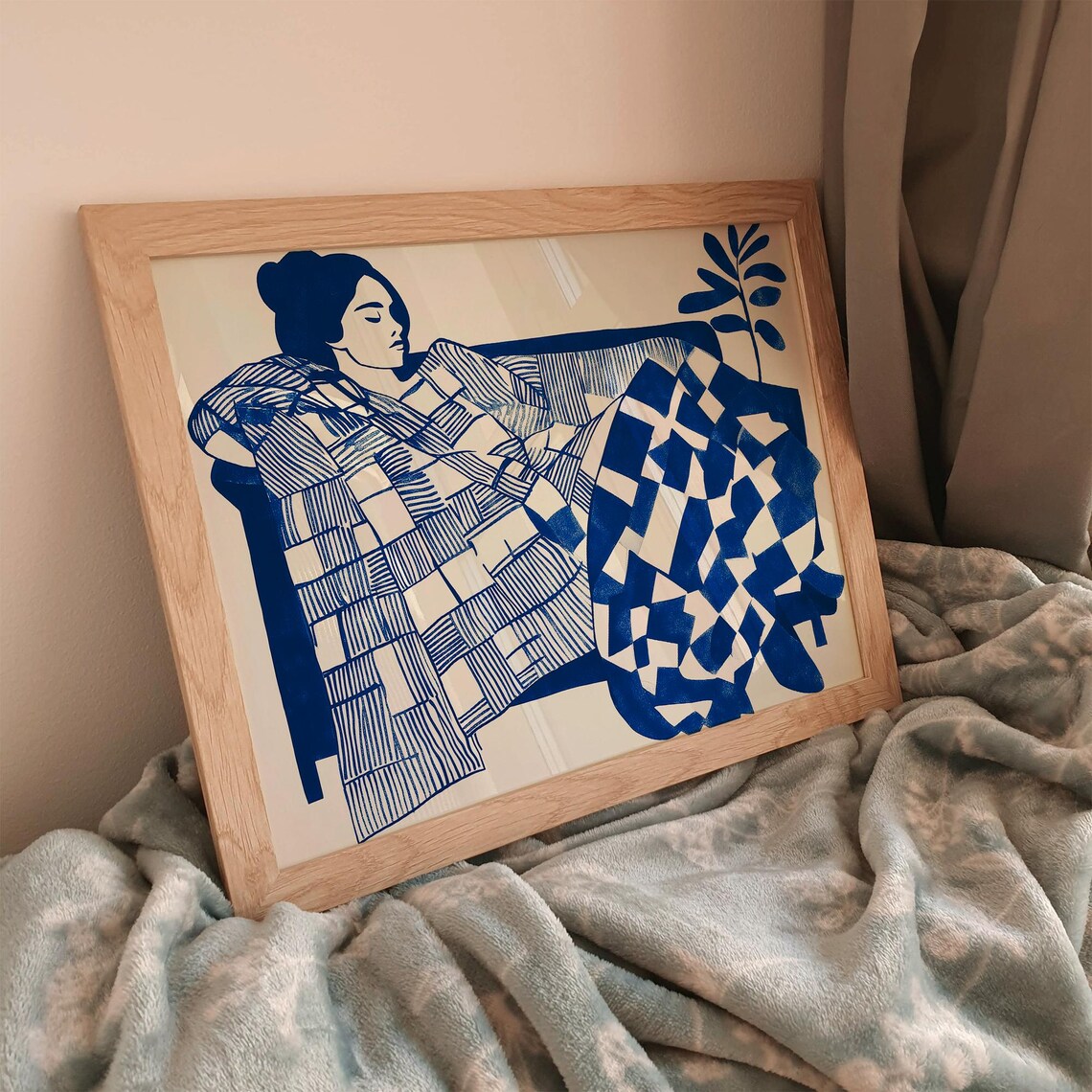 Electric Blue Abstract Modern Woman Relaxing On Sofa Art Print - Image 3