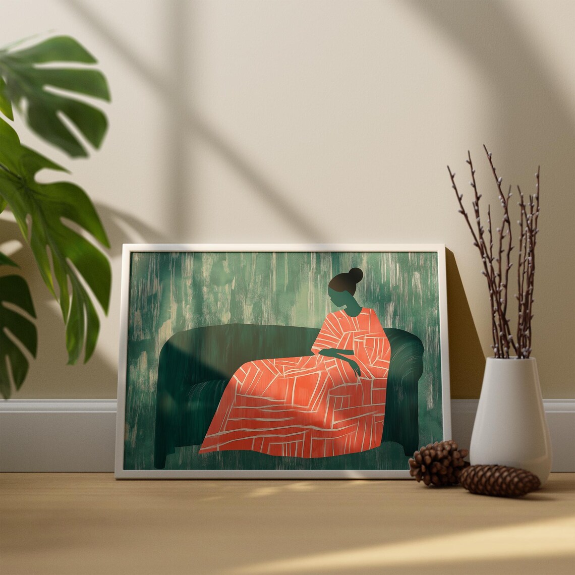 Abstract Woman in Orange Geometric Dress on Green Couch Poster - Image 3