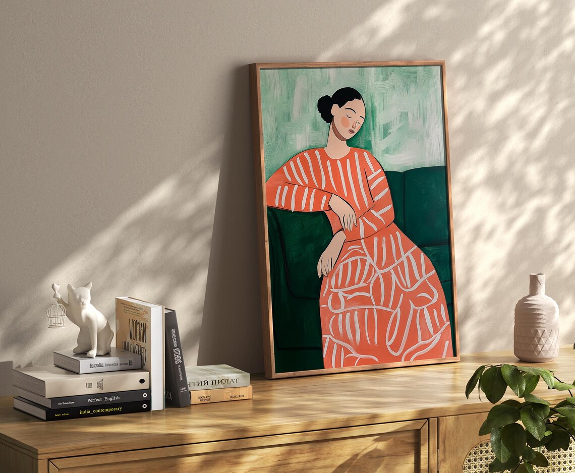 Resting Woman In Coral Striped Dress Matisse Style Abstract Art Poster - Image 4