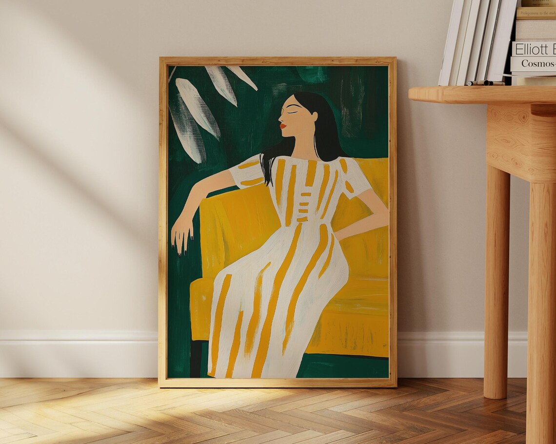 Elegant Woman In A Yellow Striped Dress On Mustard Armchair Wall Art - Image 3