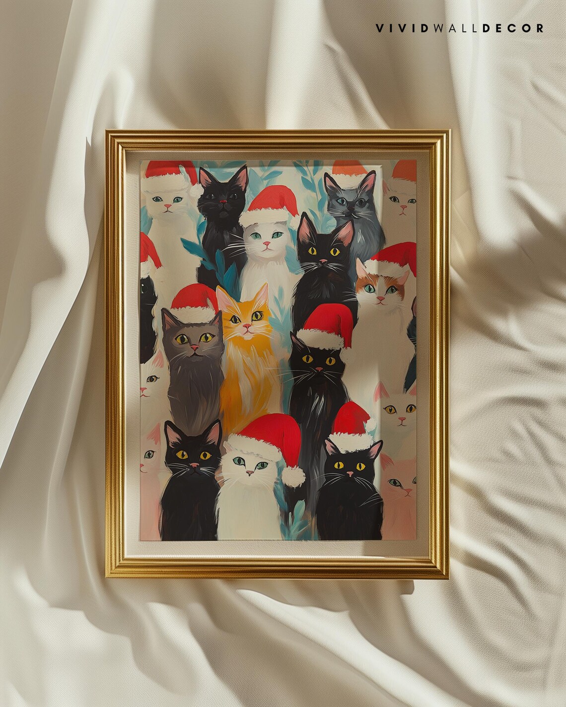 Festive Cat Crowd With Santa Hats Colorful Christmas Cat Lover Poster - Image 2