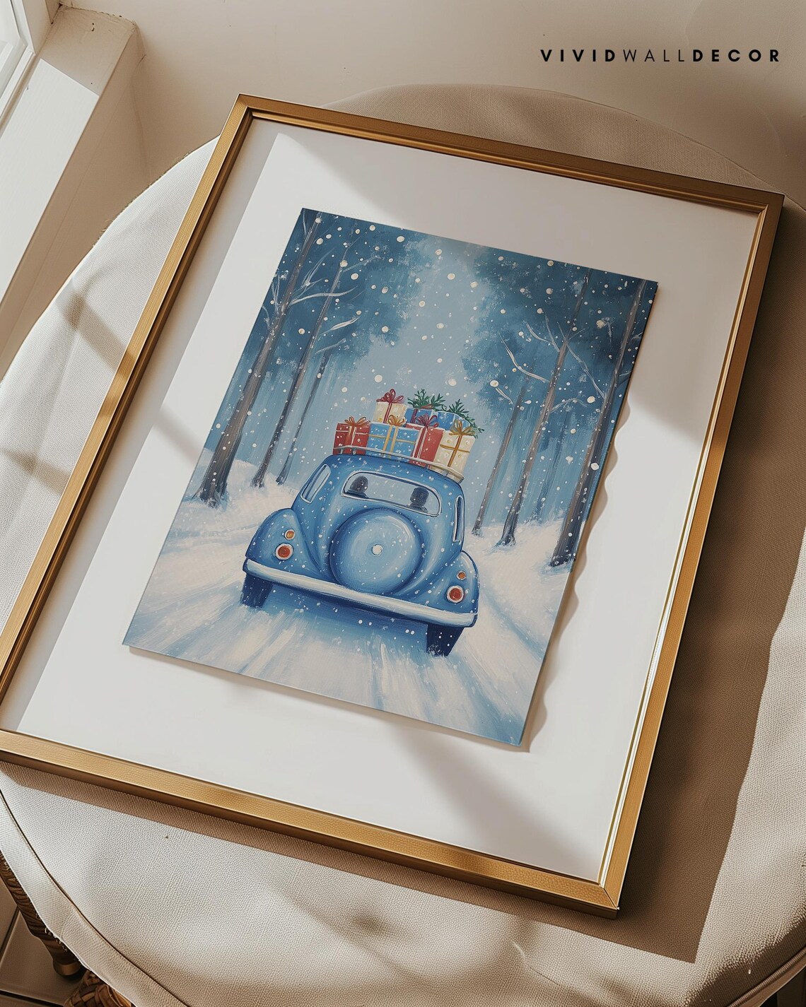 Vintage Blue Beetle Christmas Art Poster Snowy Drive With Gifts Decor - Image 3