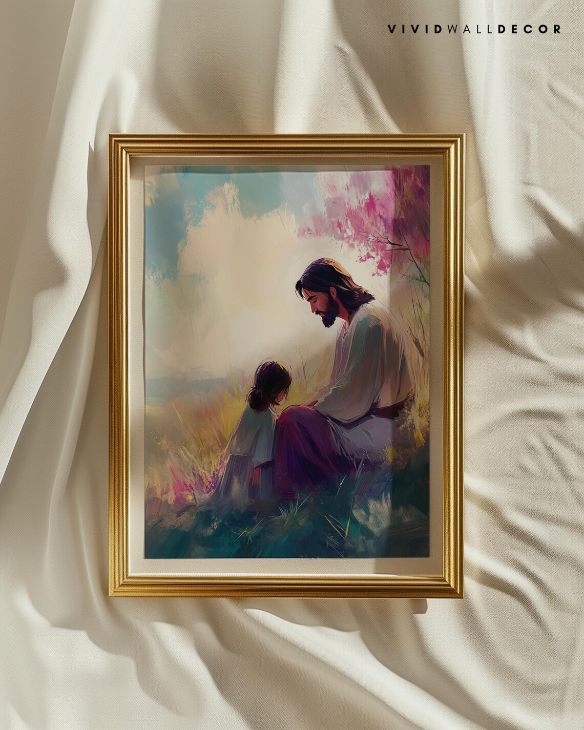 Jesus With a Child in a Colorful Meadow Christian Art Poster - Image 2