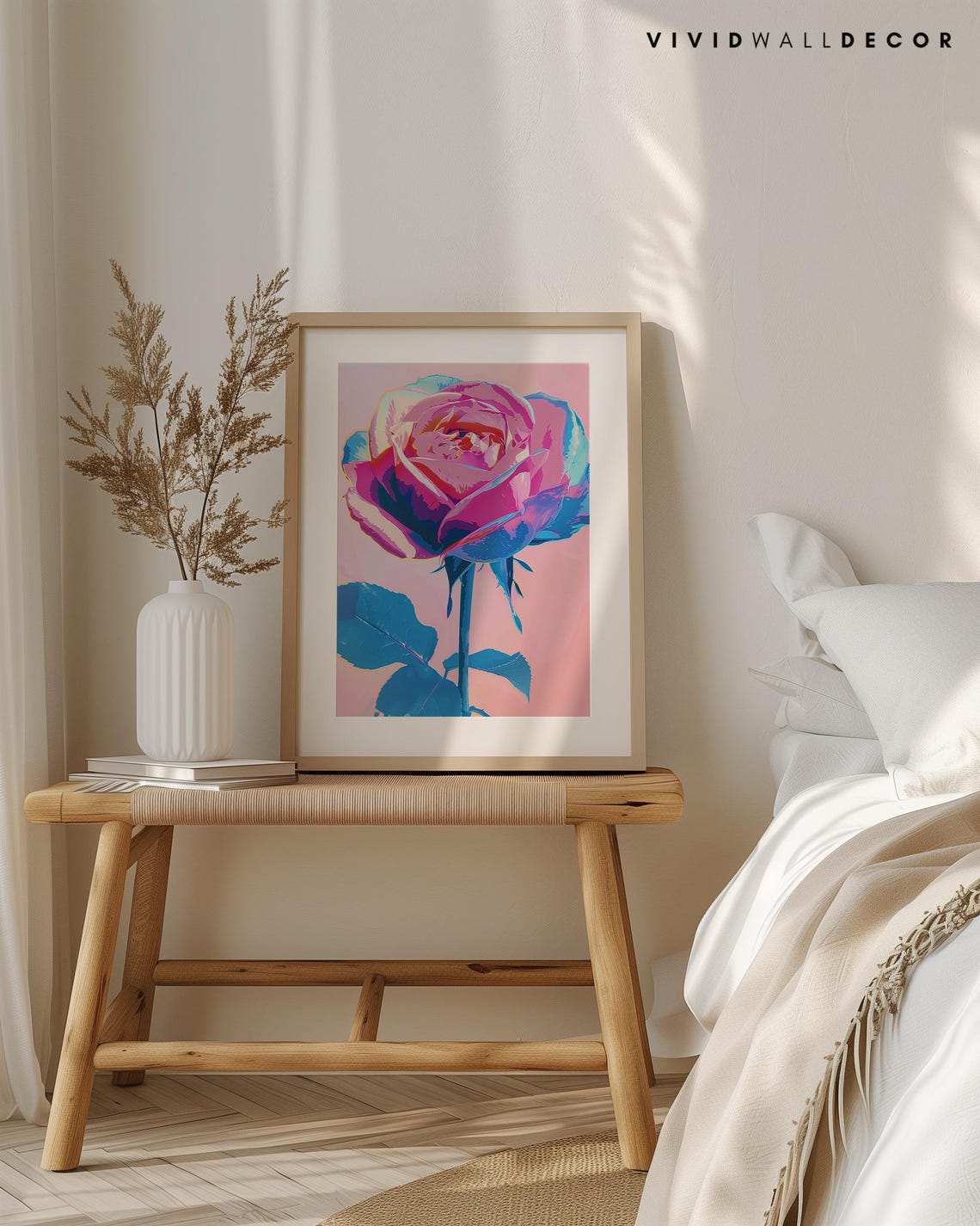 Bold Neon Pink Rose With Electric Blue Leaves Pop Art Botanical Poster - Image 3