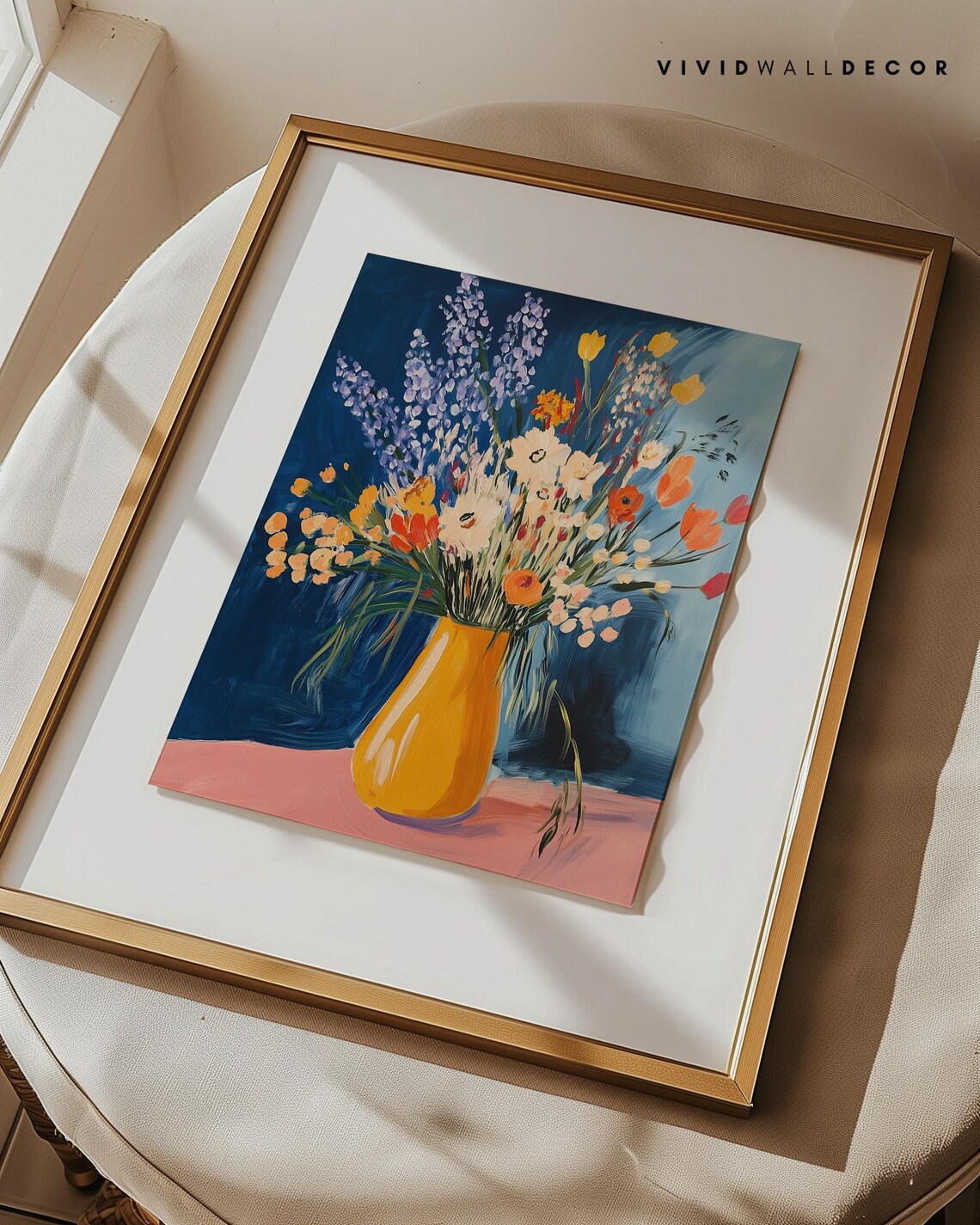 Wildflower Bouquet Yellow Vase Navy Background Floral Poster - Image 2