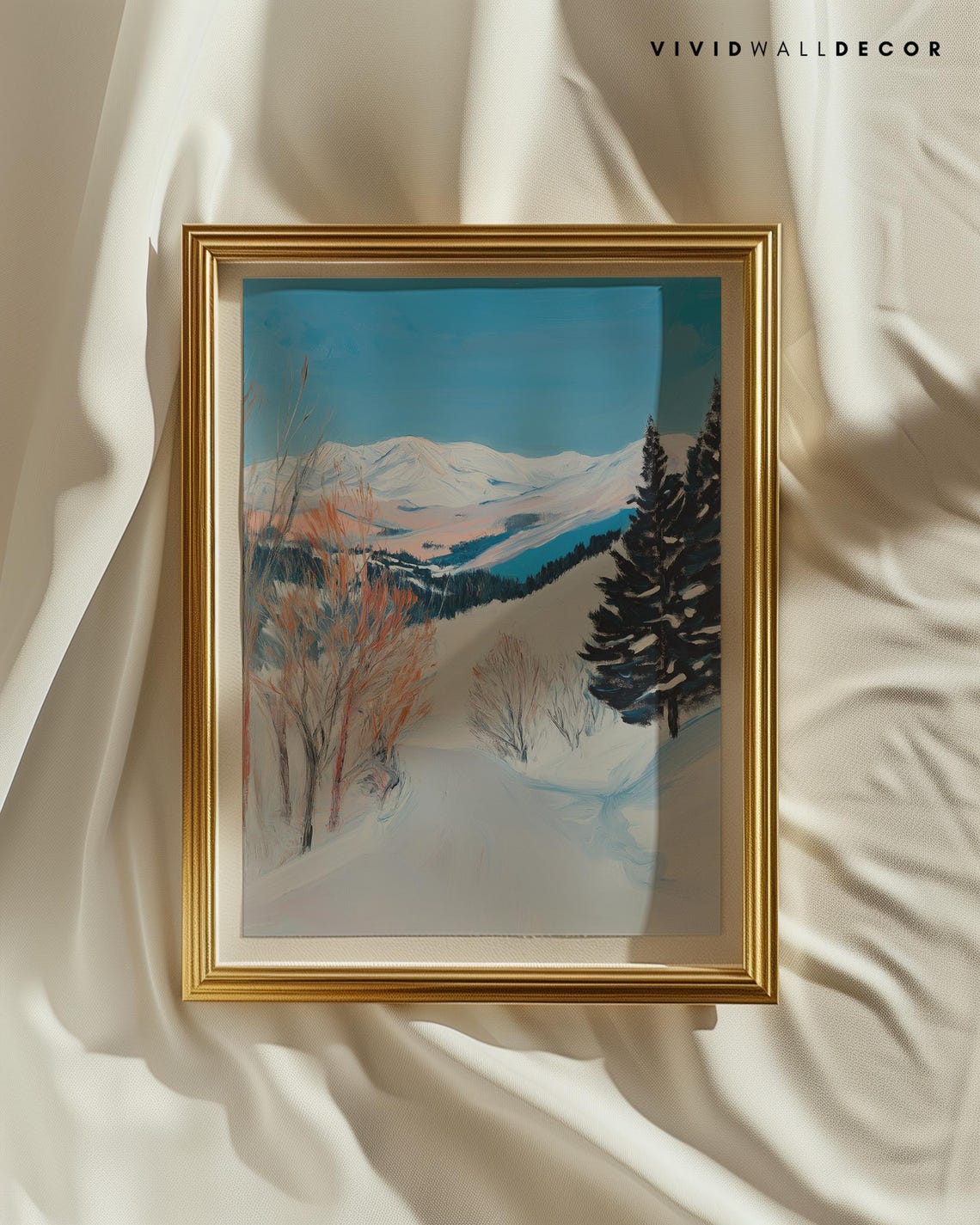 Serene Snowy Mountain Landscape with Birch Trees Calm Art Poster - Image 2
