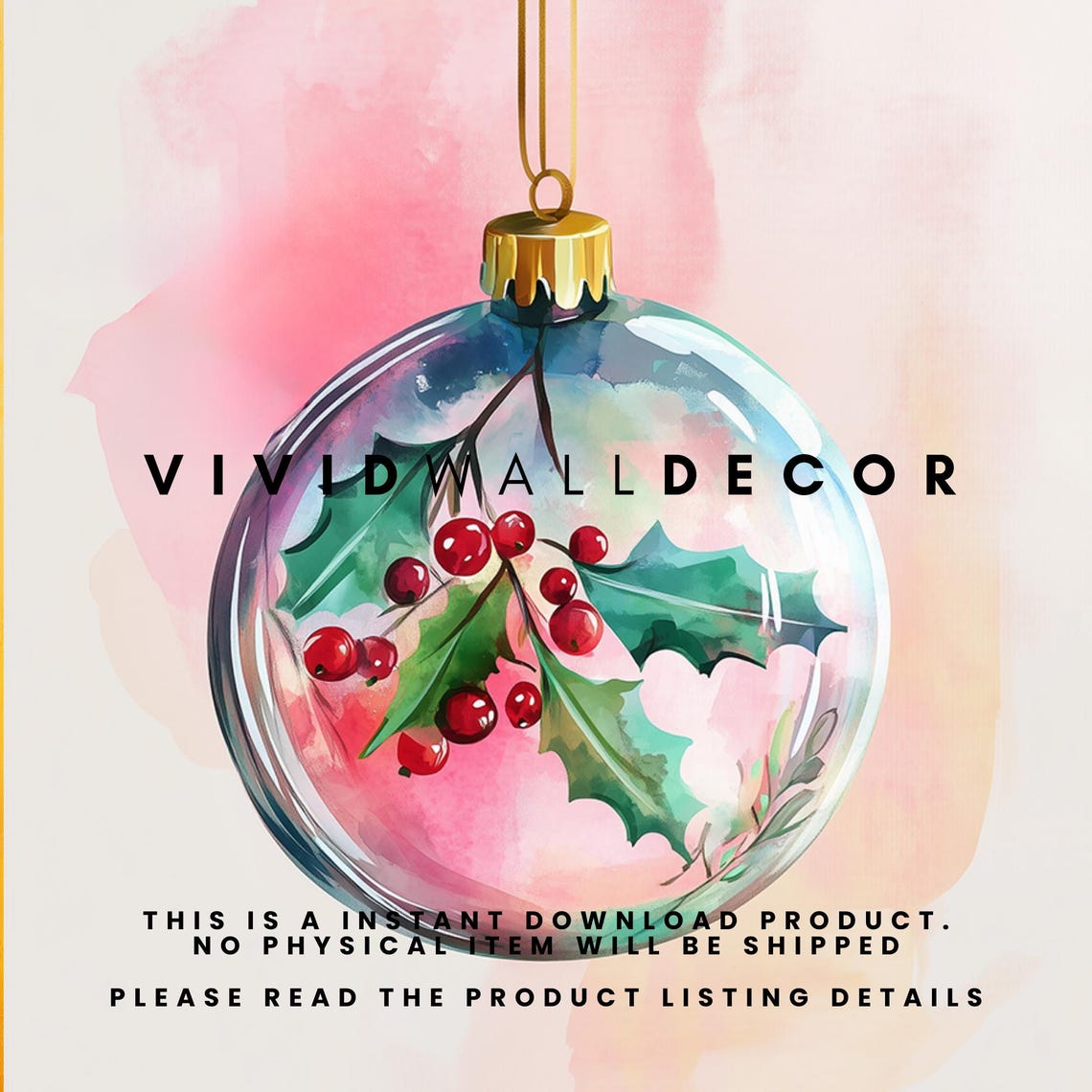 Glass Christmas Ornament With Holly Art Poster Pink Holiday Wall Decor - Image 2