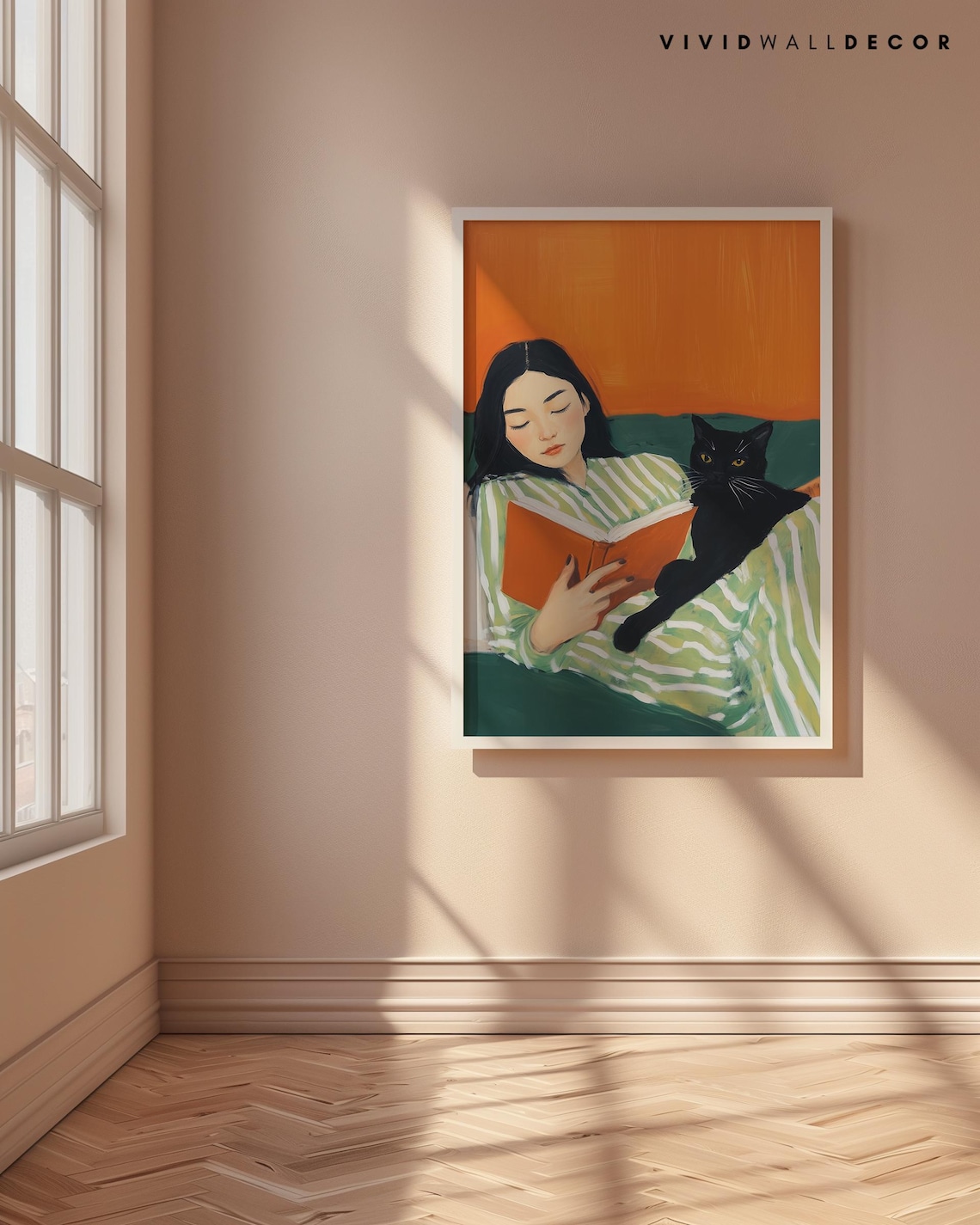 Woman Reading In Bed With Black Cat Cozy Book Lover Art Poster - Image 4