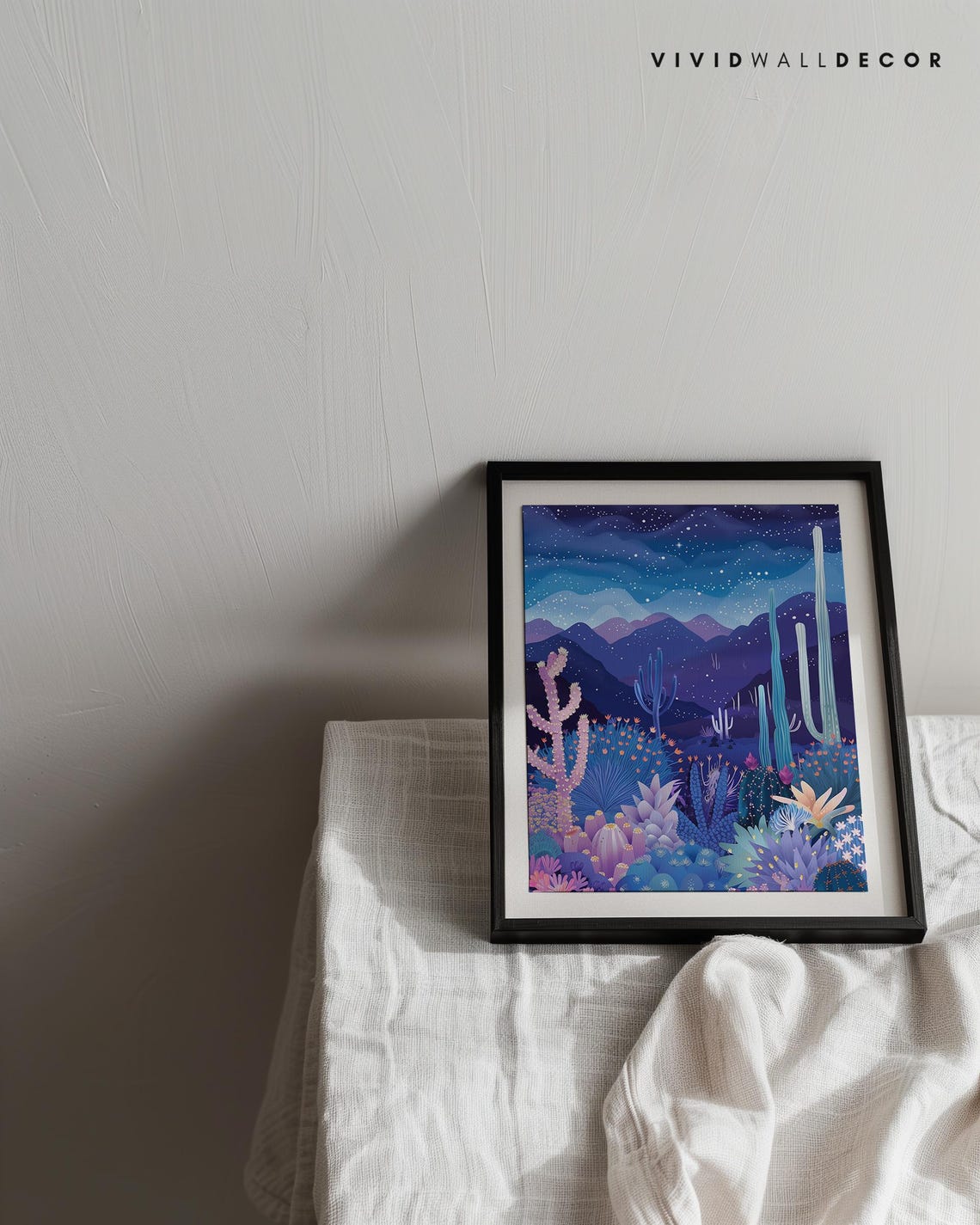 Starry Night Desert Cactus Landscape Purple Mountain Wall Poster - Image 3