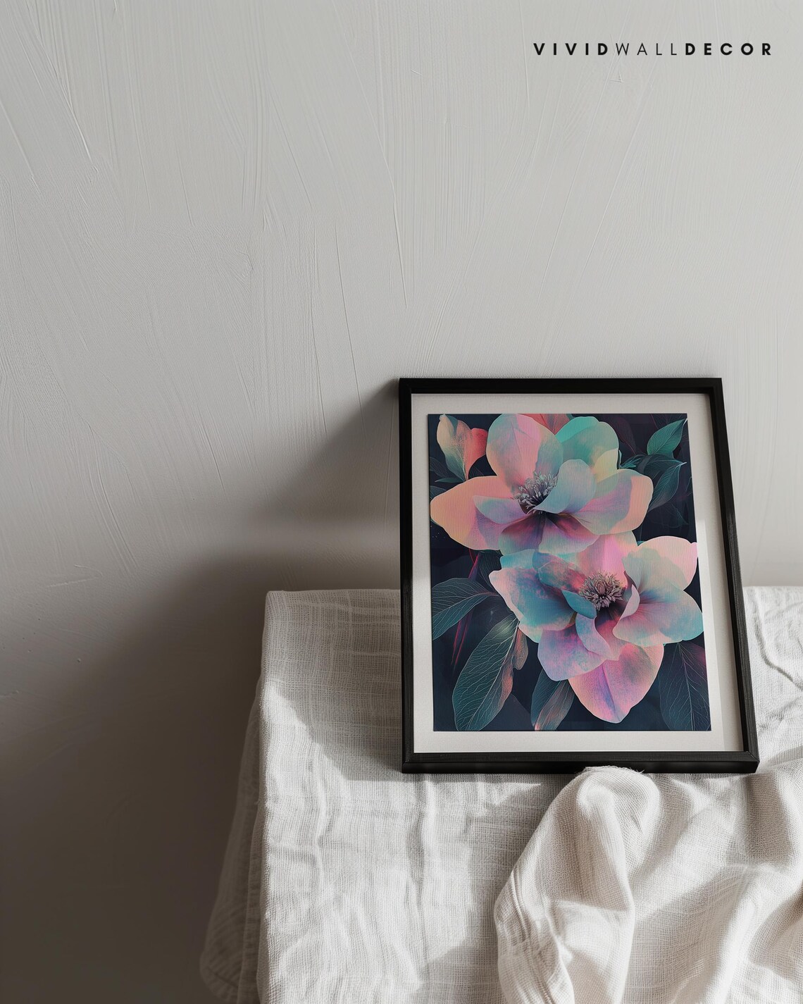 Iridescent Pink Teal Floral Blossom Dreamy Dark Botanical Poster - Image 2