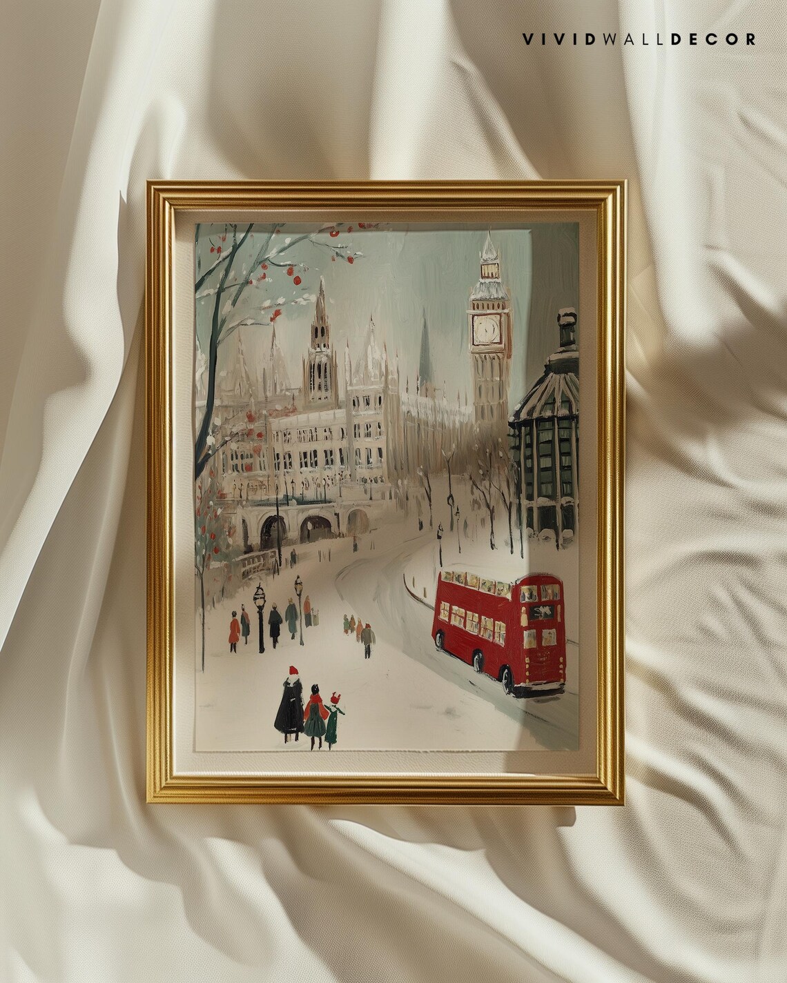Snowy London Street with Big Ben and Red Bus Winter Travel Poster - Image 2