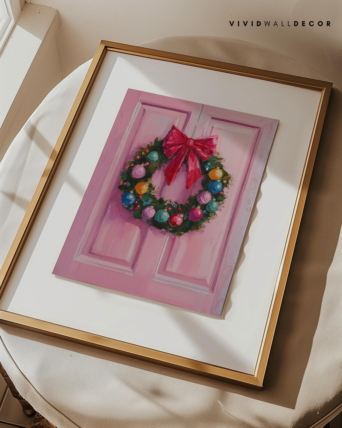 Colorful Christmas Wreath on Pink Door Art Poster Holiday Wall Decor - Image 3