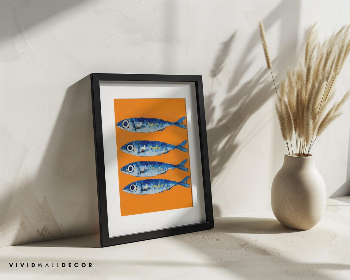 Blue Sardine School Four Fish Bold Orange Retro Kitchen Poster - Image 2