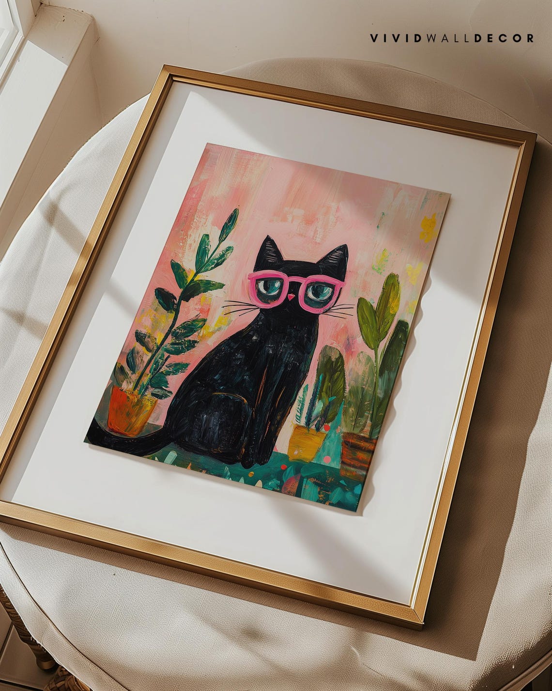 Stylish Black Cat With Pink Glasses Painterly Portrait Poster - Image 3