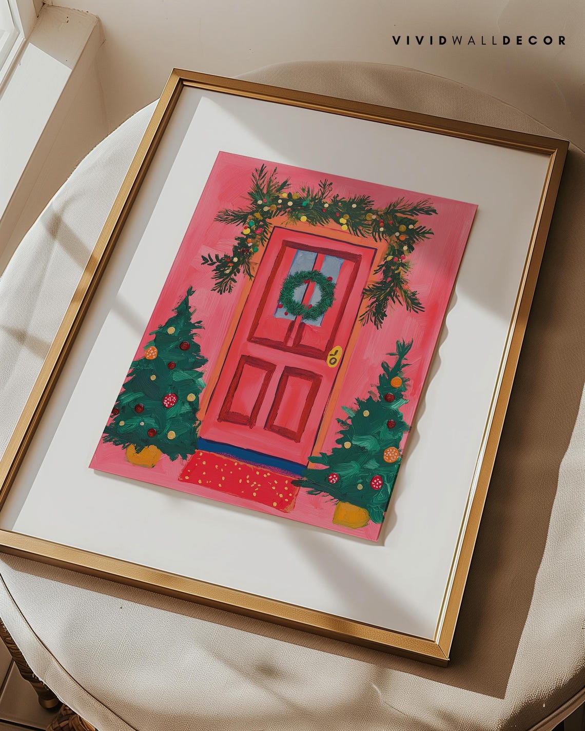 Pink Front Door With Christmas Garland And Whimsical Art Poster - Image 3