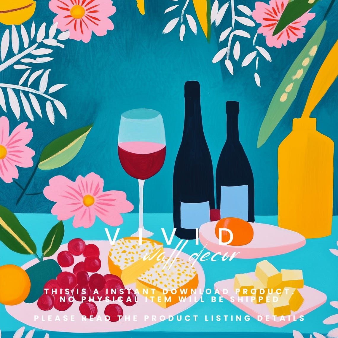 Wine Cheese Fruit Feast Colorful Kitchen Still Life Wall Poster - Image 2