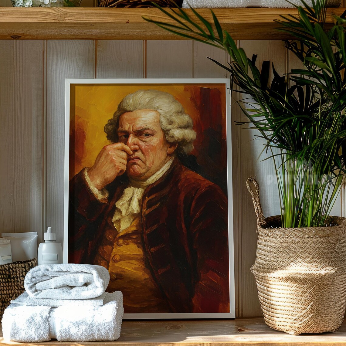 Funny Nose Plug Wall Art Vintage Nobleman Bathroom Print Quirky Impasto Oil Painting Disgusted Portrait Decor Foul Smell
