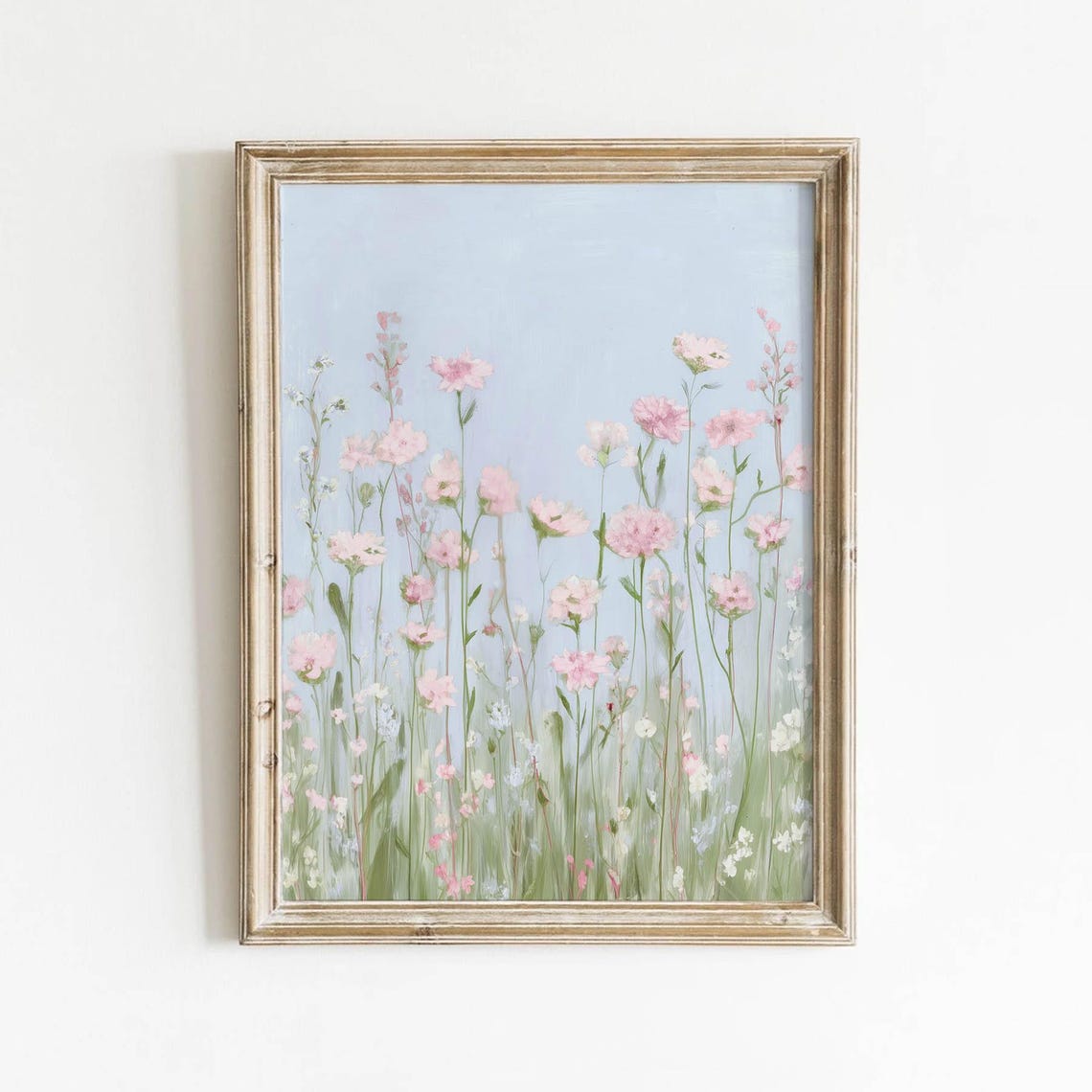 Soft Pink Wildflower Meadow Blue Sky Pastel Spring Field Poster