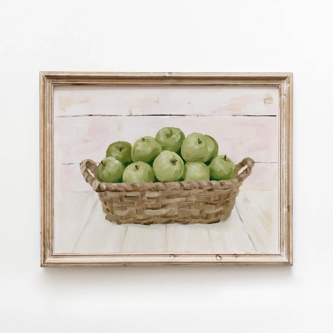 Basket of Green Apples Farmhouse Kitchen Rustic Oil Painting Poster