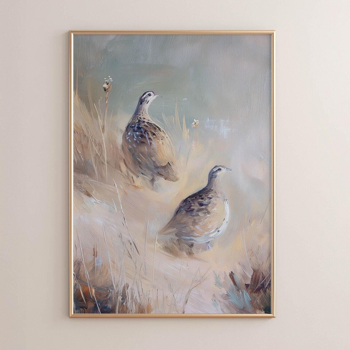 Quail Birds in Muted Landscape, Vintage Poster Print