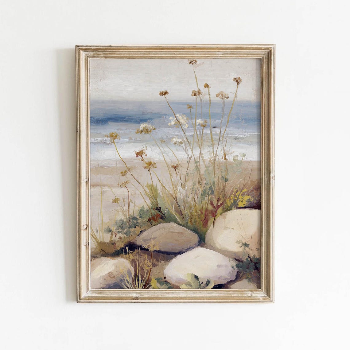 Coastal Wildflowers With Beach Rocks Muted Vintage Ocean Shore Poster