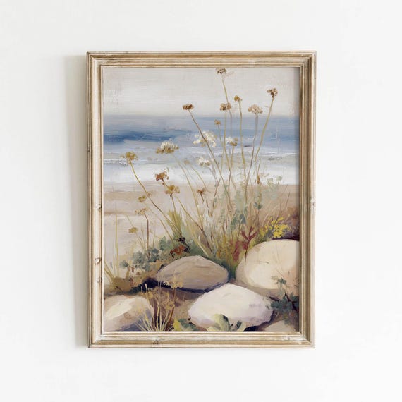Coastal Wildflower Beach Rocks Printable Muted Vintage Wall Art Neutral Ocean Landscape Decor Seaside Cottage Blue Download 464