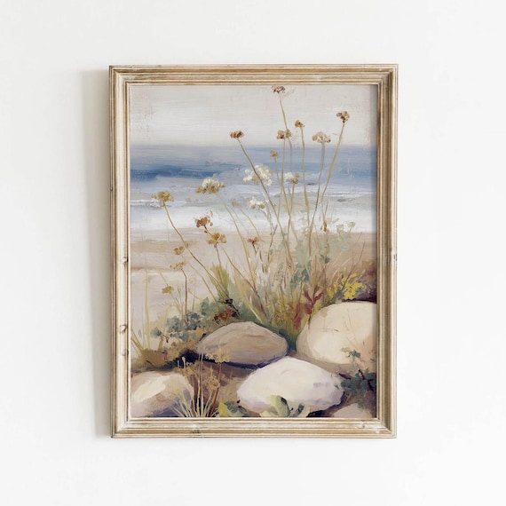Coastal Wildflowers With Beach Rocks Muted Vintage Ocean Shore Poster