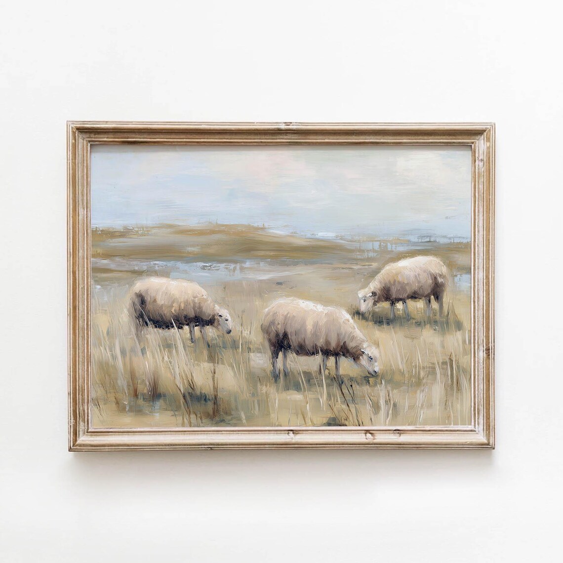 Three Sheep Grazing Misty Morning Meadow Impressionist Farm Art Poster
