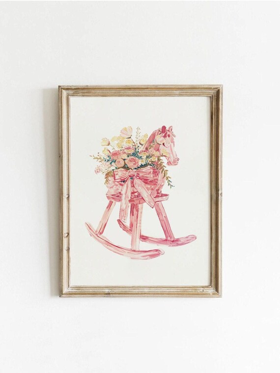Pink Rocking Horse With Flowers And Bow Nursery Decor Poster