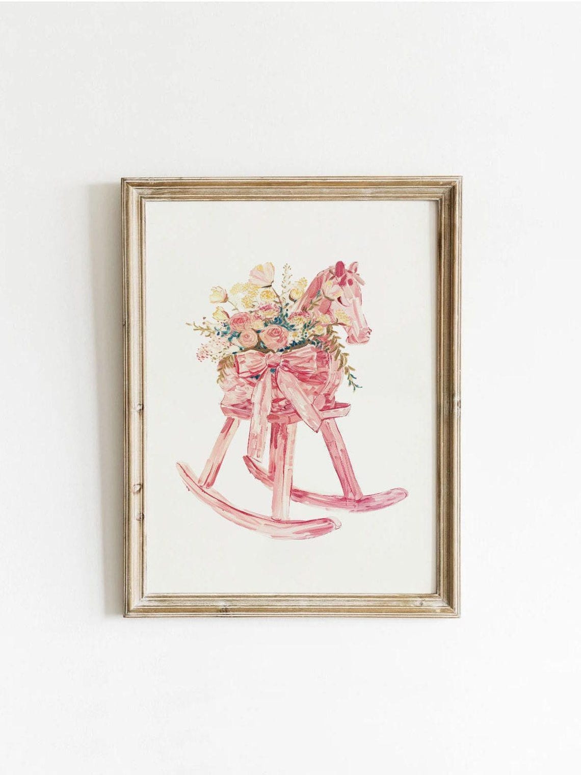 Pink Rocking Horse With Flowers And Bow Nursery Decor Poster