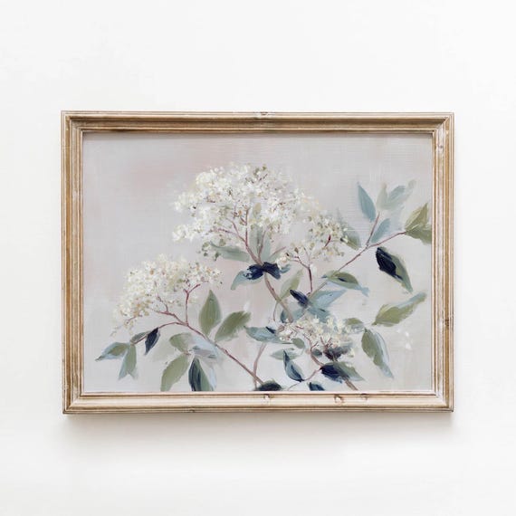 Vintage White Flowering Branch Printable Dusty Blue Cottage Wall Art Farmhouse Botanical Decor Digital Download 577