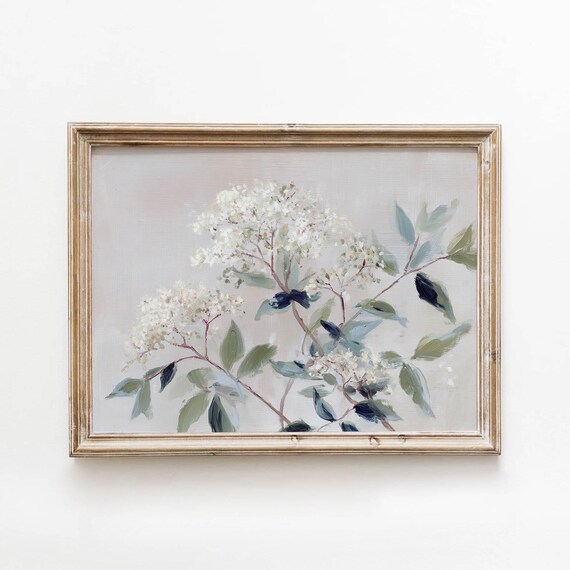 White Flowering Branch Dusty Blue Cottage Botanical Painting Poster