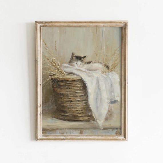 Sleeping Cat Wicker Basket Printable Rustic Neutral Wall Art Vintage Still Life Decor Cottagecore Print Digital Download 492