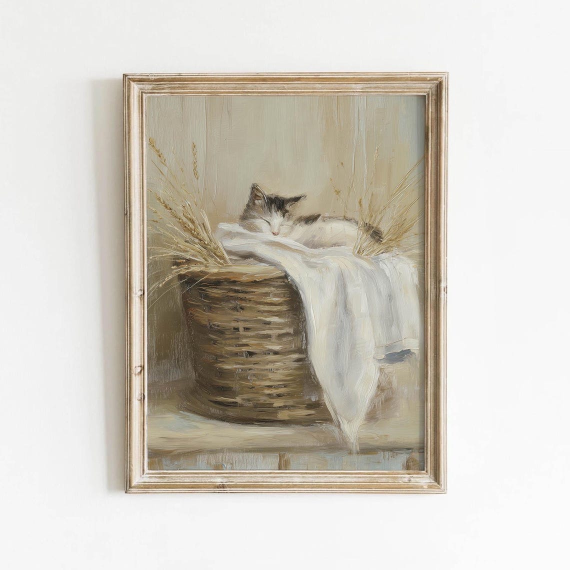 Sleeping Cat Wicker Basket Printable Rustic Neutral Wall Art Vintage Still Life Decor Cottagecore Print Digital Download 492