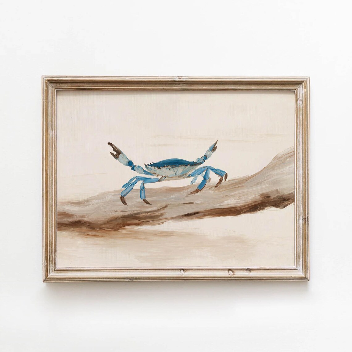 Blue Crab On Driftwood Vintage Coastal Animal Painting Print