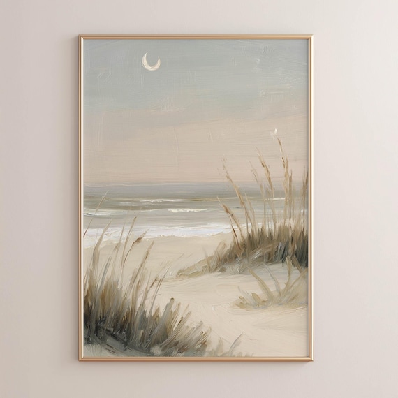Printed Coastal Beach Dunes Crescent Moon Wall Art Neutral Farmhouse Decor Serene Ocean Landscape Vintage Painting P415