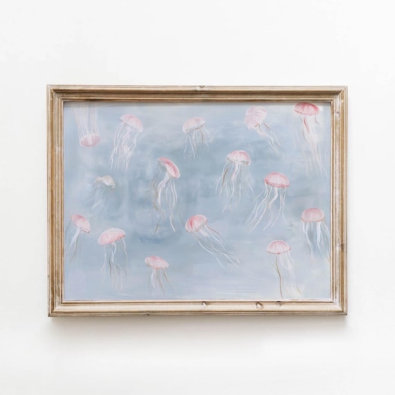 Printable Soft Pink Jellyfish Floating Muted Blue Underwater Wall Art Vintage Coastal Decor Dreamy Ocean Digital Download 685
