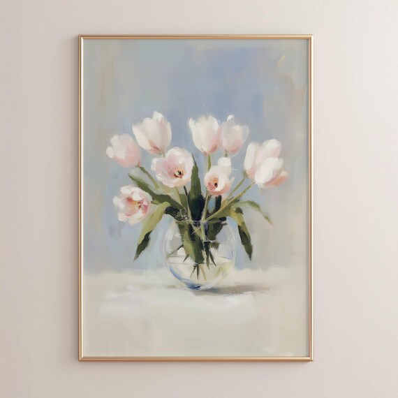 Blush Tulips in Glass Vase Painting Poster Soft Pastel Floral Wall Decor