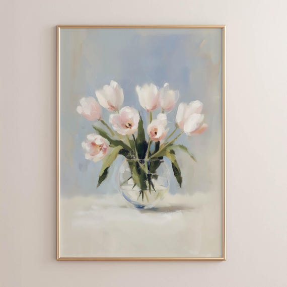 Blush Tulips Vase Poster Print Romantic Floral Art Blended Brushstrokes Pale Pink Pastel Cottagecore Decor Soft Classic Still Life P194