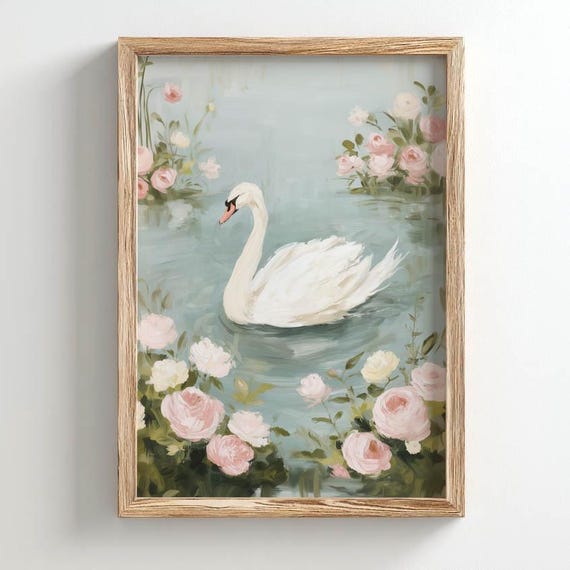 Printed Swan On Tranquil Pond Poster Soft Pastel Tones Romantic Cottagecore Vintage Elegance Art Floral Detailing For Living Room P275