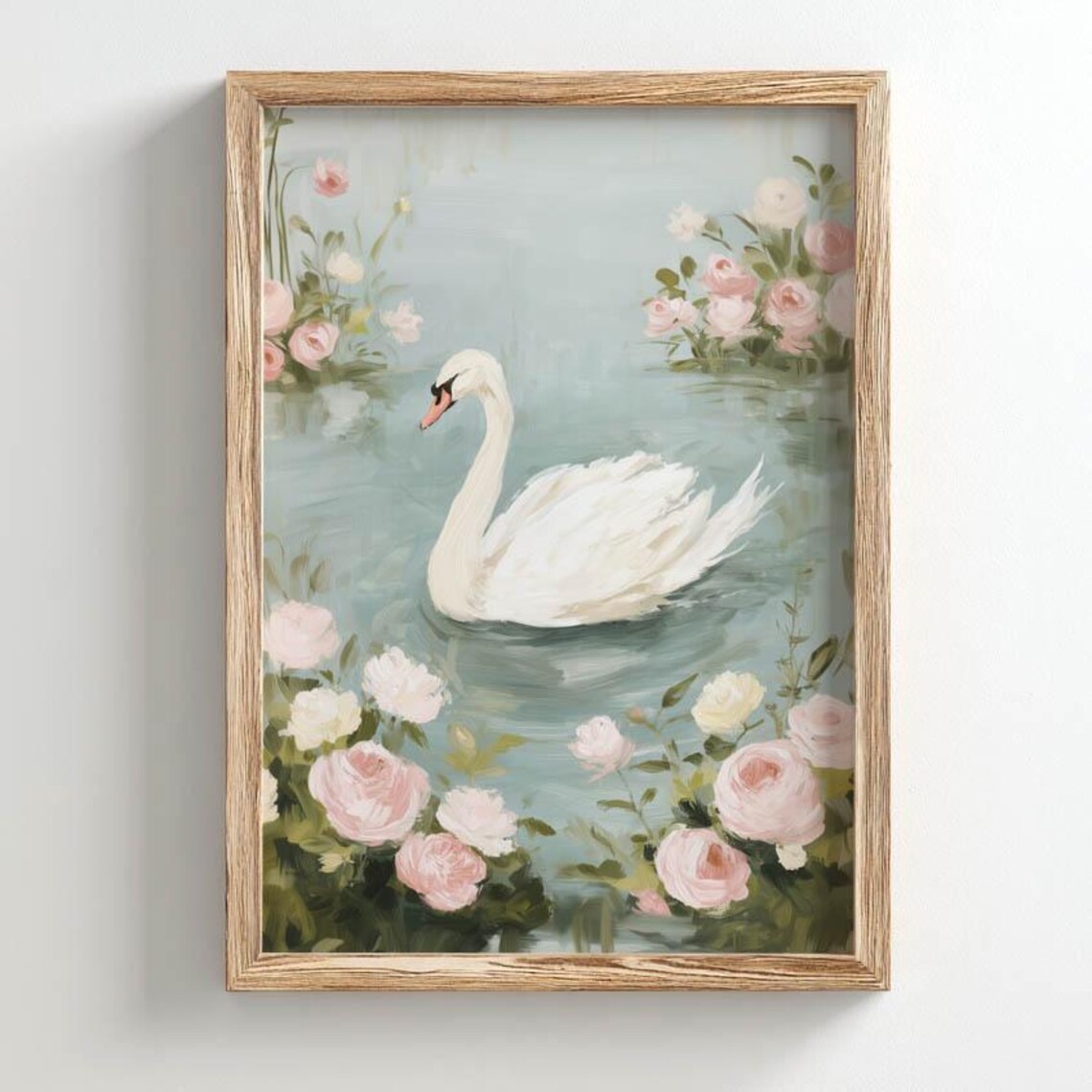 White Swan On Pastel Pond With Pink Roses Romantic Scene Poster