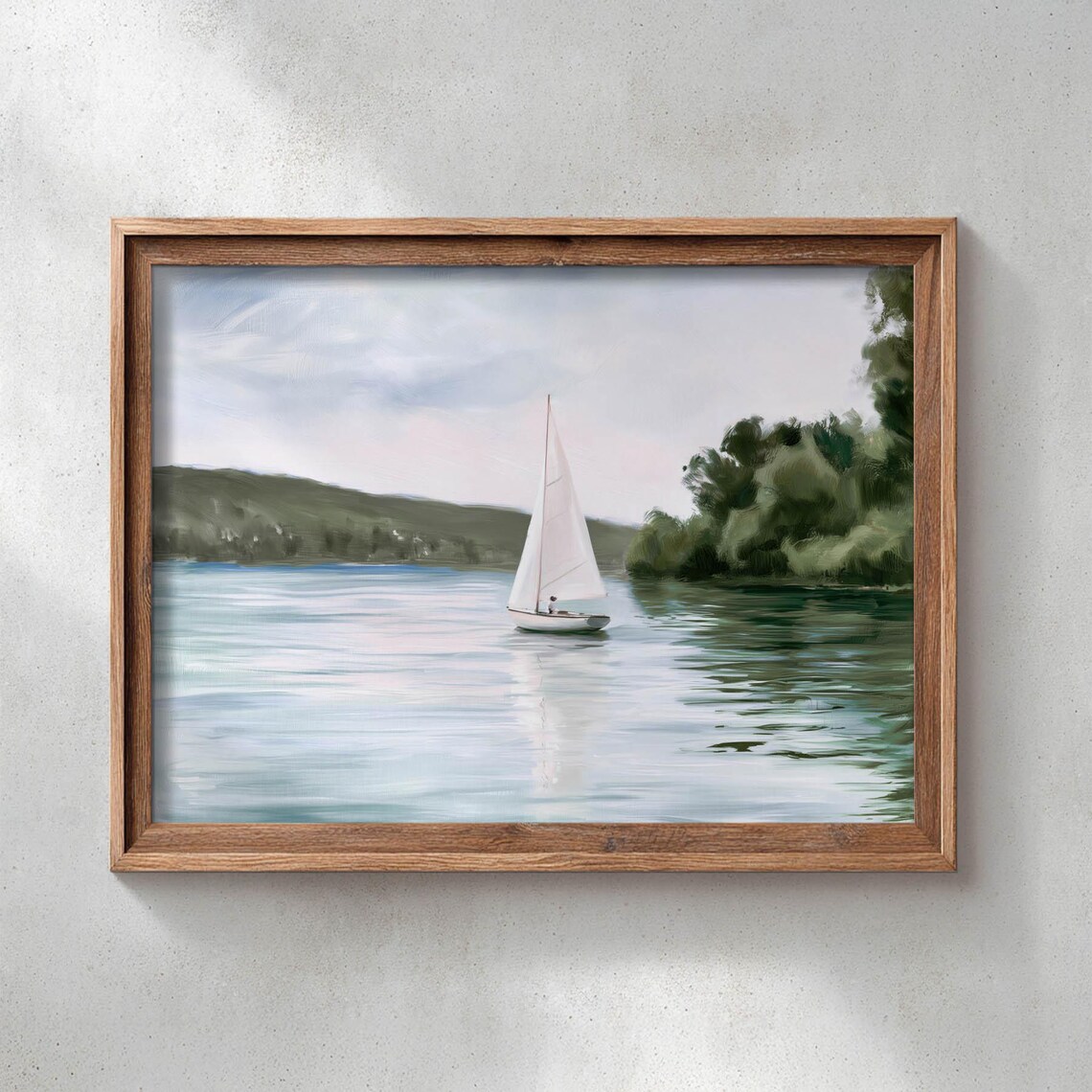 Sailboat Gliding On A Calm Lake At Dusk Vintage Landscape Poster