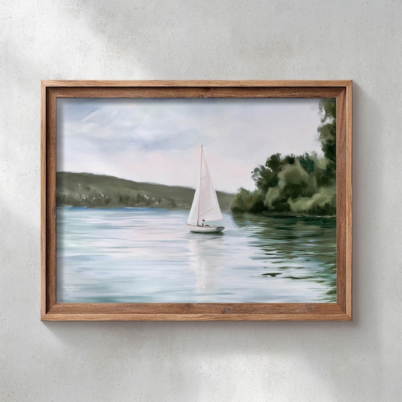 Sailboat Gliding On A Calm Lake At Dusk Vintage Landscape Poster